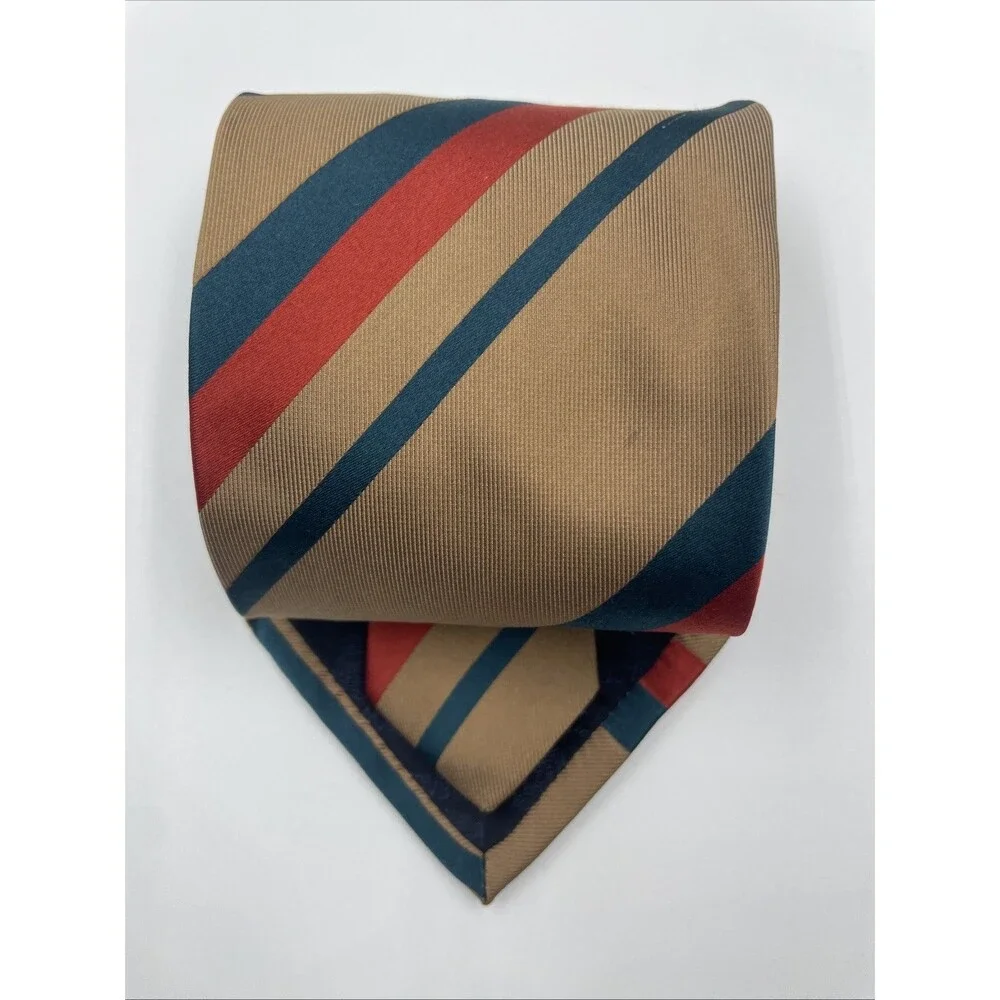 Gianni Versace Tie Men's 100% Silk Gold Brown W Red Blue Stripes Made in Italy